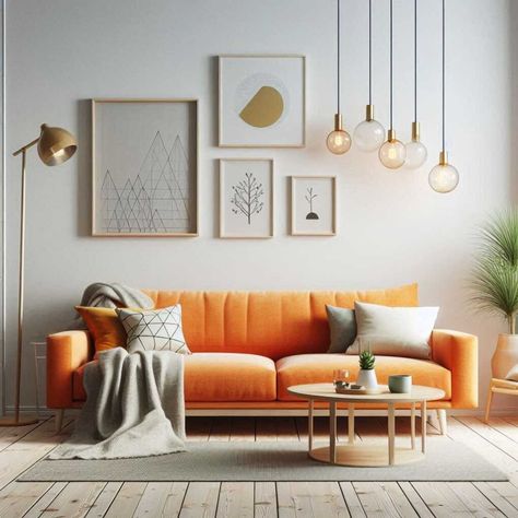 30 Vibrant and Versatile Orange Couch Living Room Ideas » HomeDecorFull Living Room Orange Sofa, Orange Couch Living Room Ideas, Orange Couch Living Room, Couch Living Room Ideas, Orange Couch, Snug Room, College Room Decor, White Apartment, Orange Sofa