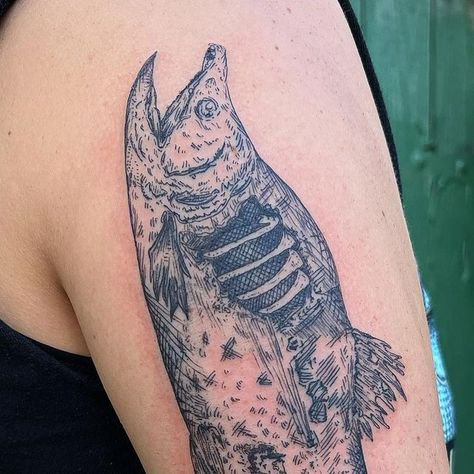 Annie on Instagram: "Decaying chum salmon 🐟 #engravingtattoo #pdxtattoo #qttr" Salmon Skeleton Tattoo, Skeleton Fish Tattoo, Salmon Skeleton, Decay Tattoo, Dead Salmon, Salmon Tattoo, Aquatic Tattoo, Lamb Tattoo, Chum Salmon