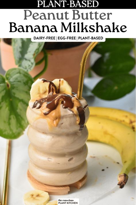 Peanut Butter Banana Milkshake (No Ice Cream Needed, Healthier) - The Conscious Plant Kitchen Milkshake No Ice Cream, Peanut Butter Banana Milkshake, Fresh Drink Recipes, Conscious Plant Kitchen, Chunky Monkey Ice Cream, Healthy Milkshake, Plant Kitchen, Chunky Peanut Butter, Plant Based Diet Recipes