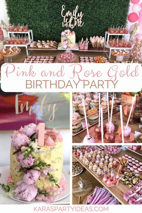 Pink _ Rose Gold Birthday Party via KarasPartyIdeas - KarasPartyIdeas.com Rose Gold 2nd Birthday Party, Blush And Gold Birthday Party, Rose Gold Birthday Party Decorations Diy, Rose Gold 90th Birthday, Golden Rose Birthday Party, Pink And Gold 30th Birthday Party, 40th Birthday Ideas For Women Rose Gold, Rose Gold Glam Birthday Party, Rose Gold And Blush Pink Birthday Party