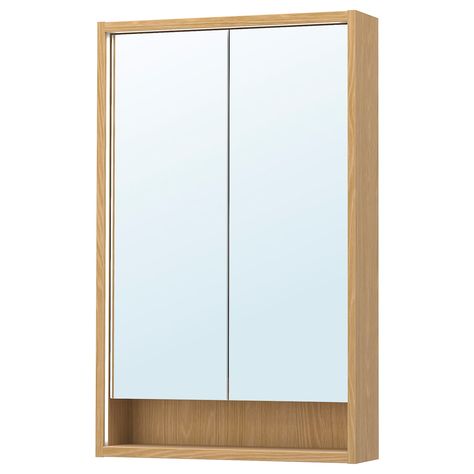 FAXÄLVEN mirror cabinet w built-in lighting, oak effect, 60x15x95 cm - IKEA Kids Flooring, Plastic Foil, Tempered Glass Door, Frame Shelf, Mirror Cabinet, Bathroom Kids, Laundry In Bathroom, Mirror Cabinets, Shop Interior Design