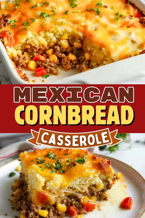 Spice up dinner with this easy Mexican cornbread casserole! It's packed with ground beef, veggies, corn, and plenty of cheese, and topped with cornbread. You'll love it! Cheesy Mexican Cornbread, Easy Mexican Cornbread, Mexican Cornbread Casserole, Mexican Cornbread Recipe, Easy Mexican Casserole, Mexican Casserole Recipe, With Cornbread, Mexican Cornbread, Cornbread Casserole