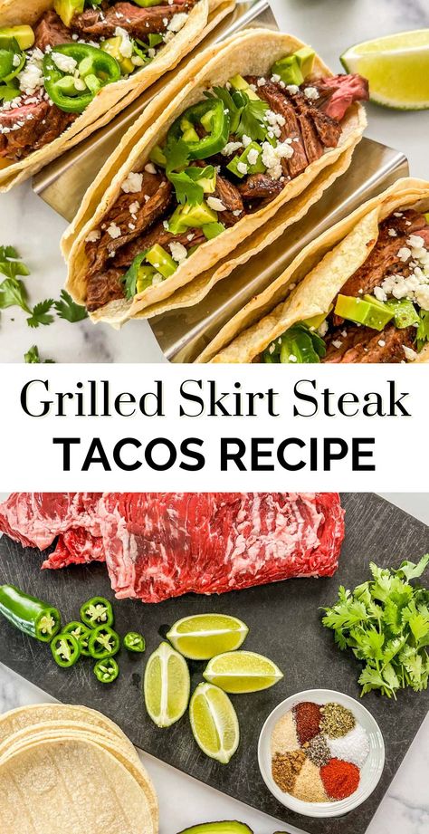 These fantastic grilled skirt steak tacos are easy to make and don't require much time! Perfect for taco night! Best Steak Taco Marinade, Skirt Steak Tacos Recipes, Mexican Steak Tacos Marinade, Skirt Steak Tacos Marinade, Steak Taco Marinade, Skirt Steak Street Tacos, Skirt Steak Tostadas, Grilled Skirt Steak Tacos, Skirt Steak Tacos