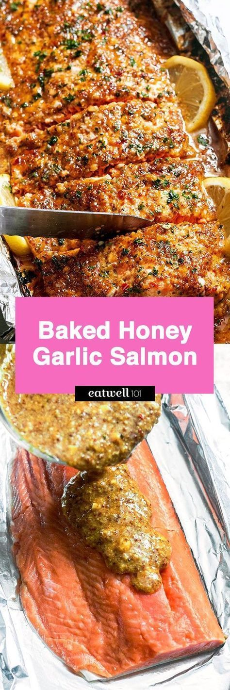 Baked Honey Garlic Salmon in Foil — Sweet and tangy flavors shine in this bright seafood dinner. A whole salmon fillet coated in honey mustard garlic sauce gets baked in foil and broiled to a flak… Salmon In Foil, Honey Garlic Salmon, Salmon Fillet, Garlic Salmon, Baked Salmon Recipes, Salmon Dishes, Fish Dinner, Seafood Dinner, Honey Garlic