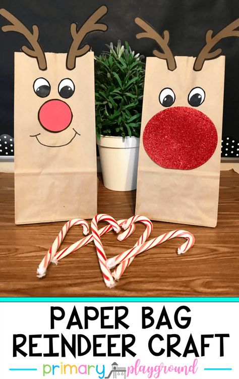 Craft Activity For Kindergarten, Paper Bag Reindeer, Primary Playground, Caregiver Gifts, Activity For Kindergarten, Winter Paper, Paper Bag Crafts, Reindeer Craft, Student Christmas Gifts