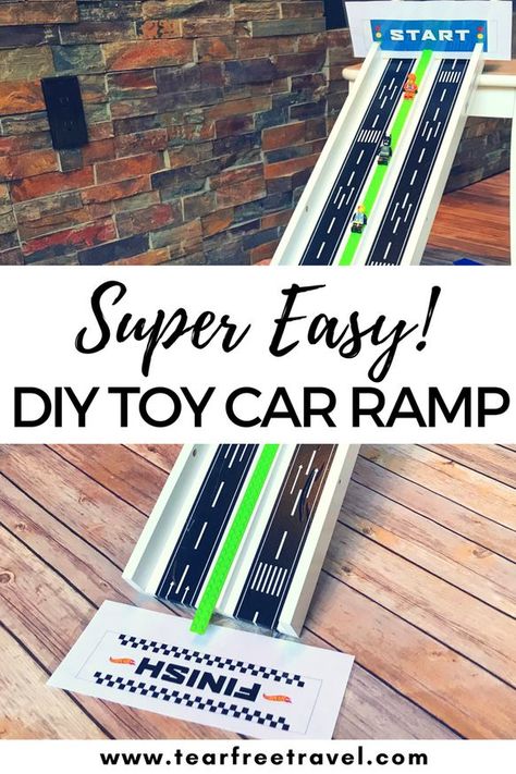 The is the easiest DIY toy car ramp ever! This homemade car ramp will keep your little ones entertained for hours! DIY hot wheels track for toy car racing! #diy #diyramp #diykids #easydiy #toycarramp #kidsracetrack #toycarracing #carrampsfortoddlers #toddlerracetrack Diy Hot Wheels Track, Kids Race Track, Diy Car Ramps, Diy Toy Car, Car Tracks For Kids, Festa Monster Truck, Hot Wheels Race Track, Diy Toys Car, Car Ramp