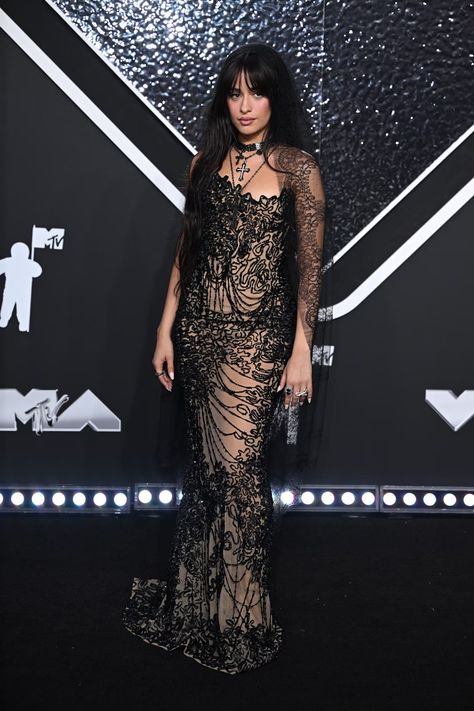 Camila Cabello's Sheer Lacy Little Black Dress Served Witchcore Lace Black Dress, Goth Chic, Cross Necklaces, Herve Leger Dress, Black Carpet, Celebrity Beauty, Black Veil, Lace Dress Black, Crafts For Girls