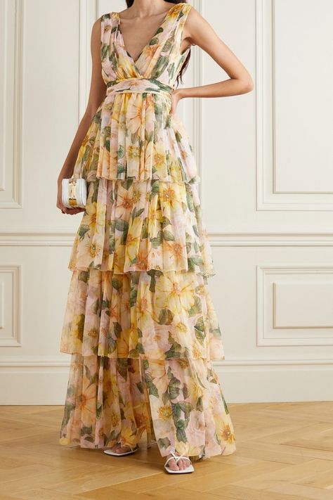 summer wedding guest dress floral maxi Chiffon Dress Pattern, Floral Print Chiffon Maxi Dress, Chiffon Dress Long, Silk Chiffon Dress, Dolce Gabbana Dress, Guest Attire, Maxi Robes, Chiffon Maxi, Indian Fashion Dresses