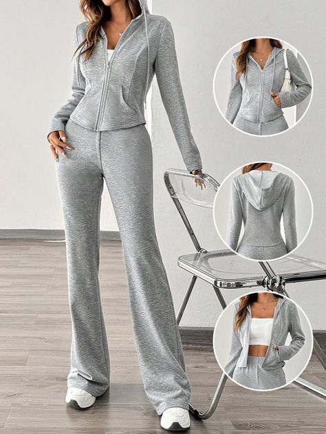 Fashionable Casual Sports Set For Women, 2pcs: Hoodie Jacket And Flared Leg Pants, Autumn Grey Casual    Plain  Slight Stretch  Women Clothing, size features are:Bust: ,Length: ,Sleeve Length: Tie Waist Pants, Hoodie Set, Casual Sportswear, Long Sleeve Tops Casual, Clothing Patches, Drawstring Hoodie, Sportswear Women, Flare Pants, Hoodie Jacket