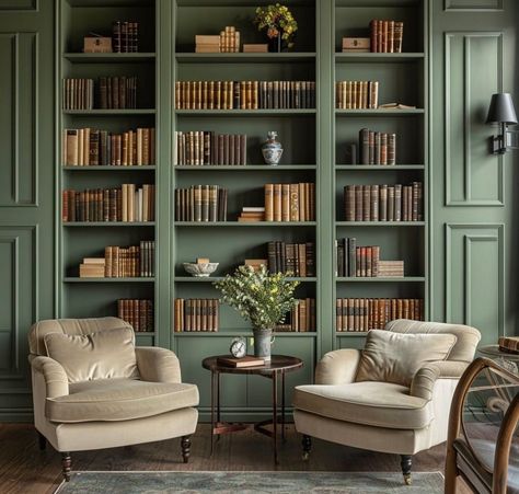 Green Bookcases Living Room, Green Leather Chair Living Room, Green Office Bookshelves, Olive Green Library, Forest Green Library, Sage Green Bookshelf, Green Built In Bookshelves, Vintage Library Room, Georgian Office