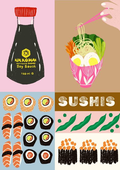 Sushi Wallpaper, Illustration Food Art, Sushi Drawing, Clay Cafe, Urban Painting, Sushi Art, Illustration Food, Painting Collage, Print Illustration