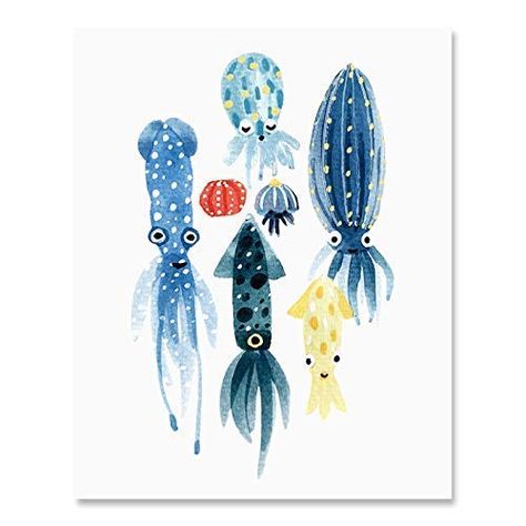 Sea Creatures Drawing, Octopus Art Print, Landscape Wall Decor, Little Creatures, Octopus Art, Soyut Sanat Tabloları, Creature Drawings, Sea Art, Watercolor Walls