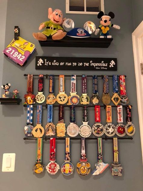 Medal Organizer Ideas, Medal Display Ideas Frame, Race Bib And Medal Display, Display Medals Ideas, Medal Showcase, Hanging Medals Ideas, How To Display Medals, Medal Holder Ideas, Running Medal Display Ideas