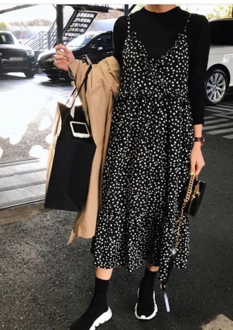 #Polka Dot Outfits Flawless Polka Dot Outfits Layering Dresses For Spring, Styling Black Turtleneck, Dress Turtleneck Layer, Dress Layered With Turtleneck, Layering Dresses For Winter, Turtleneck Dress Layering, Vest Over Dress, Midi Dress Street Style, Midi Dress Layering