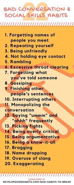 Bad social and conversation habits you should avoid. Please click through gor more habit infographics and the entire  list of 283 bad habits separating into many categories #confidence #communication #relationship #socialskills #habits #badhabits #selfimprovement #infographic #personaldevelopment Bad Habits To Break, Habits To Break, Conversation Skills, Etiquette And Manners, Break Bad Habits, People Skills, Marriage Tips, Public Speaking, Bad Habits