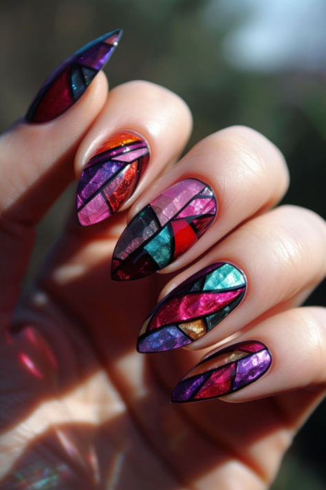 Stained Glass Inspiration: Nail Designs For A Purple Dress Stained Glass Manicure, Stained Glass Acrylic Nails, Stained Glass Nails Designs, Stained Glass Nails Acrylic, Tourmaline Nails, Gaudi Nails, Stain Glass Window Nails, Stained Glass Nail Designs, Jewel Toned Nails