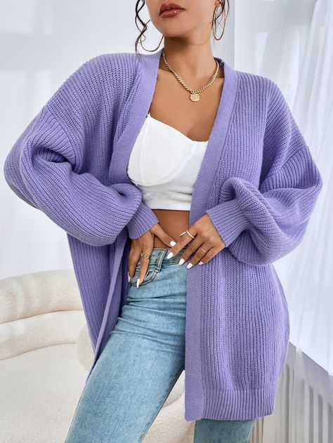 Lilac Cardigan Outfit, Purple Top Outfit, Lilac Cardigan, Chique Outfit, Purple Cardigan, Long Sleeve Knitted Cardigan, Purple Outfits, Plus Size Cardigans, Mode Casual