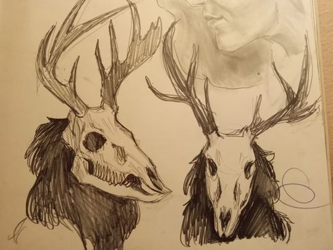 Some drawings I did of wendigos in my sketchbook How To Draw A Wendigo, Creepy Woods Drawing, Antler Design Drawing, Wendigo Head Drawing, Wendigo Drawing Reference, Wendigo Skull Drawing, Wendigo Tattoo Ideas, Bog Drawings, Bird Art Reference