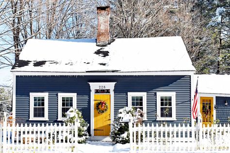 Yellow Front Door, Dark Blue Houses, Best Front Door Colors, Blue Siding, Navy Houses, Hampshire House, Yellow Front Doors, Best Front Doors, Yellow Door