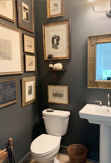 Black Paint Colors, Bathroom Facelift, Black Powder Room, Tiny Powder Rooms, Wrought Iron Paint, Tiny Powder Room, Mini Bad, Condo Bathroom, Black Paint Color