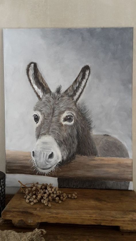 Donkey Acrylic Painting, Donkey Paintings On Canvas, Painted Donkey, Donkey Painting, Donkey Drawing, Goat Paintings, Barn Wood Art, Donkey Art, Painting On Pallet Wood