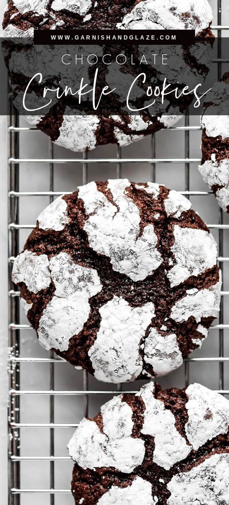 Chocolate Crinkle Cookies are a brownie-like cookie with a fudgy center and crunchy edges. Add this classic cookie to your holiday baking! #chocolate #cookies #christmascookies | GarnishandGlaze.com Chocolate Crinkle Cookies Recipe, Chocolate Christmas Cookies, Crinkle Cookies Recipe, Chocolate Crinkle, Baking Chocolate, Chocolate Crinkle Cookies, Chocolate Crinkles, Recipes Christmas, Crinkle Cookies