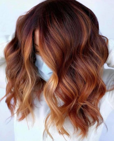 Deep Red With Copper Highlights, Dark To Light Copper Balayage, Hair Color Ideas For Brunettes Honey, Mahogany And Copper Balayage, Ginger Snap Balayage, Shadow Root Red Brown, Copper Hair With Auburn Lowlights, Natural Red Hair With Dark Roots, Shadow Root Auburn Hair