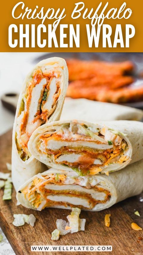 This Buffalo chicken wrap recipe is ready in 15 minutes! Crispy chicken tenders brushed with tangy Buffalo sauce, tucked into tortillas with creamy ranch, cheese and lettuce. Buffalo Crispy Chicken Wraps, Crispy Bbq Chicken Wraps, Chicken Tender Tortilla Wrap, Chicken Nugget Wrap Recipe, Chicken Finger Wrap, Buffalo Wraps Chicken, Sides To Go With Chicken Wraps, Crispy Chicken Wrap Recipes, Buffalo Chicken Wraps Recipes