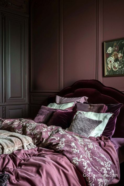 28 Dark Feminine Bedroom Designs That Look Great Girly Moody Bedroom, Black And Dusty Rose Bedroom, Deep Pink Room, Dark Purple Bedroom Aesthetic, Dark Feminine Decor, Dark Pink Room, Mauve Pink Bedroom, Deep Purple Bedroom, Plum Bedroom Ideas