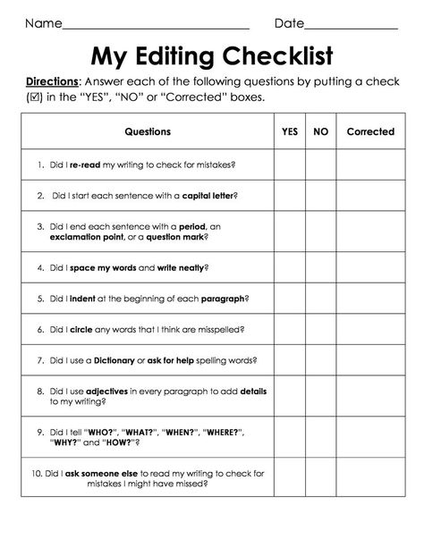 FREE My Editing Checklist - 1 sheet. I used this with my 3rd, 4th and 5th grade students to help them review and improve their writing. If any of their boxes are checked "NO" they must go back and correct the mistakes and check the "CORRECTED" box after they have fixed their mistakes.  I kept this sheet at our Writing Center and also had students use them for Writing Homework assignments. Editing Practice Worksheets, Editing Worksheets, Paragraph Writing Worksheets, Writing Homework, Editing Checklist, Peer Editing, Third Grade Writing, 5th Grade Writing, Writing Checklist