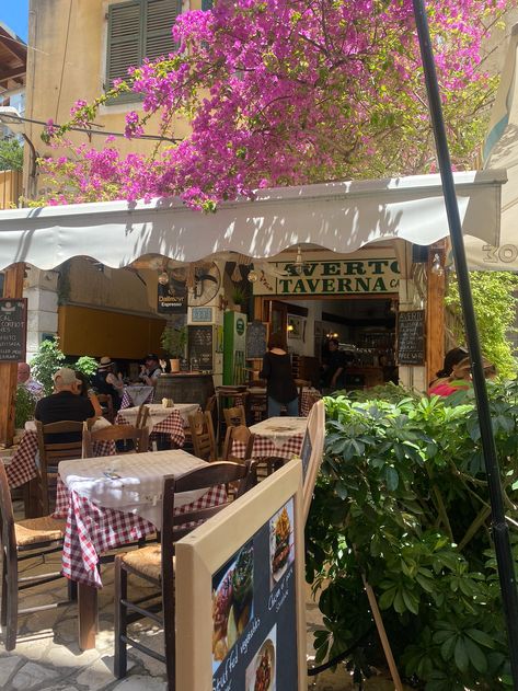 little restaurant in Corfu, Greece Greece Town Aesthetic, Greece Trip Aesthetic, Living In Greece Aesthetic, Corfu Restaurants, Corfu Greece Aesthetic, Summer In Greece Aesthetic, Corfu Old Town, Greece Aesthetics, Aesthetic Greece