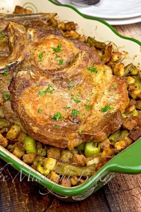 Stuffing In Oven, Pork Chops And Stuffing, Bake Ham, Crunchy Stuffing, Baked Stuffed Pork Chops, Pork Ideas, Stove Top Stuffing Recipes, Baked Boneless Pork Chops, Roast Pork Chops