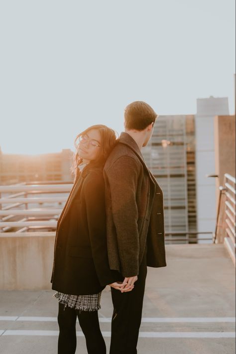 Roof Top Couple Photoshoot, Couples Photoshoot Parking Garage, Parking Deck Photoshoot Couples, Parking Garage Photoshoot Friends, Parking Garage Couple Photoshoot, Boyfriend Girlfriend Photoshoot, Downtown Couples Photoshoot, Parking Garage Photoshoot Couple, Rooftop Couple Photoshoot