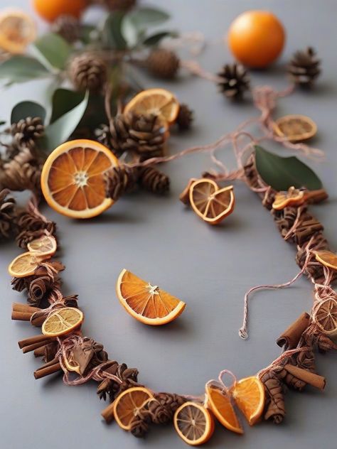 Celebrate the holiday season in style with this natural orange garland. String dried slices of orange together with other natural elements like cinnamon sticks, pinecones, or eucalyptus to create a beautiful and fragrant decoration that’s perfect for your home decor. #naturaldecor #orangegarland #homedecor #Christmasdecorations Dried Orange Garland, Cranberry Cinnamon, Mushroom Christmas, Pinecone Garland, Orange Cranberry, Xmas 2024, Christmas Crafts For Kids To Make, Orange Decor, Dried Oranges