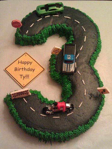 car's number 3 cake | Number 3 Cake, Road, Cars Race Track Cake, Bolo Hot Wheels, Race Car Cakes, Cars Birthday Cake, Festa Hot Wheels, Hot Wheels Birthday, Cars Birthday Party Disney, Disney Cars Birthday, Pull Apart Cupcakes