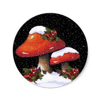 Christmas Holly With Red Mushrooms, Snow Classic Round Sticker Christmas Mushroom, Red Mushrooms, Mushroom Images, Christmas Wedding Gifts, Winter Watercolor, Round Canvas, Mushroom Art, Trippy Art, Christmas Paintings