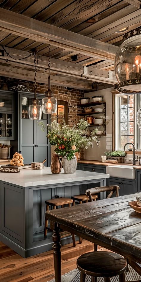 Cottage Kitchen Natural Wood Cabinets, Gray Country Kitchen, Farm Style Interior Design, Farm Kitchen Ideas Farmhouse Style, Dining Area Lighting Ideas, Farm Style House Interior, Reclaimed Wood Kitchen Cabinets, Dining Area Lighting, Modern Farm Kitchen