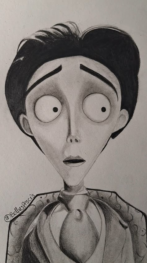 Drawing of a cartoon character called Victor Van Dort, he has unusually big eyes, really dark hair, small lips, and a small nose. His face shape is similar to that of an upside down traingle. He is sitting in a chair wearing a gray suit. Victor Van Dort Drawing, Easy Corpse Bride Drawings, Corpse Bride Drawing Ideas, Tim Burton Sketches Character Design, Corpse Bride Art Draw, Hard Art Drawings, Victor Corpse Bride Drawing, Victor Drawing, Corpse Bride Sketch