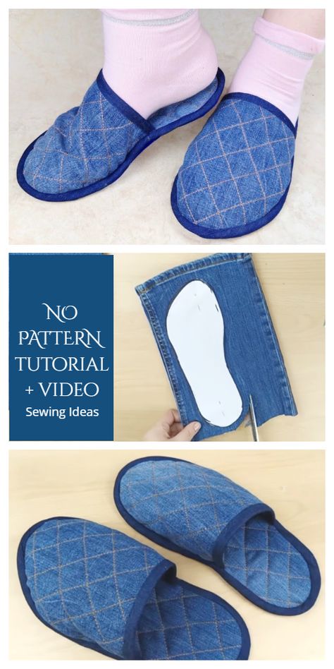 DIY Repurposed Jean Spa Slippers Free Sewing Patterns | Fabric Art DIY Slipper Diy Ideas, Diy House Slippers, Sew Slippers, How To Make Slippers, Slippers Diy, Sewing Slippers, Repurposed Jeans, Sewing Machines Best, Jeans Art