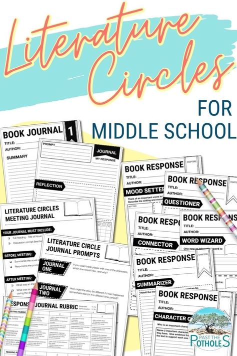 Image includes samples of book club journal prompts, response journal pages and rubrics. Click the image to learn more about how to organize and run literature circles with any novel. Discover how to organize, what student roles to include, assessment ideas, reading response journal prompts and more! Literature Circles Middle School, Reading Intervention Classroom, Literature Circle Roles, Classroom Book Clubs, Middle School Writing Activities, Literacy Circles, Middle School Literature, Book Club Activities, Literature Circle