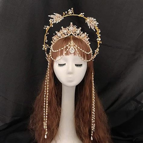 Moon Crown Goddesses, Aphrodite Crown, Halloween Costume Goddess, Halo Crown Headpieces, Goddess Headpieces, Goddess Costume Accessories, Golden Headpiece, Goddess Headband, Goddess Halloween Costume