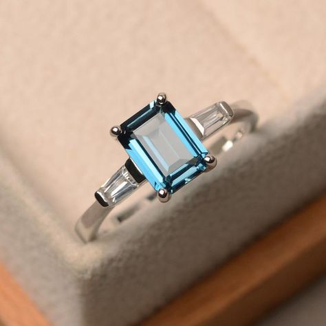 Genuine London blue topaz ring emerald cut three stone ring | Etsy Luo Jewelry, Morganite Engagement Ring Set, Ring Emerald Cut, Blue Gemstone Rings, Cushion Cut Ring, Topaz Engagement Ring, London Blue Topaz Ring, Silver Anniversary, Three Stone Ring