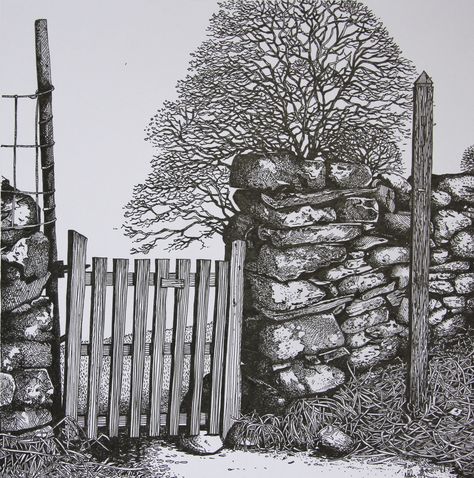 Drawing Stone Walls, Stone Wall Illustration, Stone Wall Drawing, Gate Sketch, Gate Drawing, Sunflower Sketches, Pen Art Work, Pen Art Drawings, Tinta China