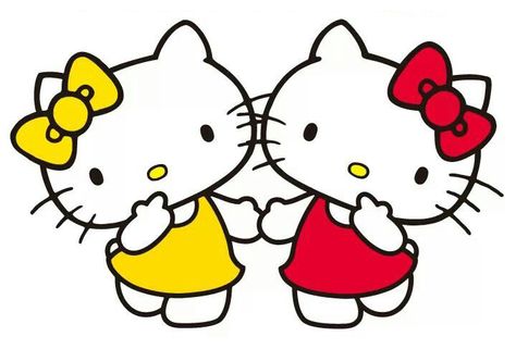 Hello Kitty (red) and her twin sister Mimmy (yellow) Sisters Drawing, Kitty Clothes, Charmmy Kitty, Hello Kitty Images, Hello Kitty Clothes, Hello Kitty Characters, Hello Kit, Kitty Drawing, Hello Kitty Art