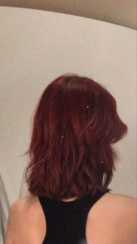 Crimson Hair Aesthetic, Brownish Red Short Hair, Dark Cherry Hair Aesthetic, Red Medium Length Hair With Layers, Garnet Color Hair, Deep Red Hair Color Short, Short Hair Cherry Red, Deep Red Hair Short, Dark Hair Dyed Red