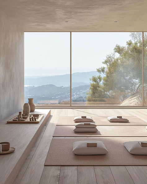 Meditation room, yoga studio design Home Yoga Studio Aesthetic, Yoga Studio Interior Design Ideas, Japanese Yoga Room, Luxury Meditation Room, Luxury Yoga Retreat, Yoga Studio Inspiration, Beach Yoga Studio, Yoga And Meditation, Luxury Yoga Studio