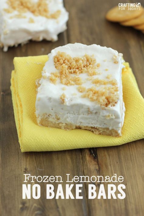 Frozen Lemonade No Bake Bars are a great summer dessert iea! From CraftingE via www.thirtyhandmadedays.com Lemonade Bars, Lemonade Bar, Frozen Lemon, Frozen Lemonade, No Bake Bars, Lemon Desserts, Summer Dessert, Lemon Recipes, Frozen Desserts