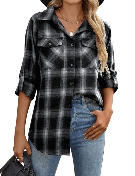 PRICES MAY VARY. Feature: The flannel shirts for women feature collared, single breasted button down front, long sleeves with roll up sleeves detail, two chest pockets, plaid pattern, business casual style. Design: The plaid shirts for women has versatile ways to wear in spring, fall, winter, tied at the waist, wrapped around waist, and as a cardigan, shirt jacket or shacket jacket, making any look seem instantly more fashion forward and hipster. The long sleeves can be rolled up to be 3/4 sleev Flannel Shirts Women Outfits, Out On The Town Outfits, Flannel Shirts Women, Flannel Shirts For Women, Plaid Shirts For Women, Plaid Shirt Outfits, Town Outfits, Business Casual Blouse, Jacket Making