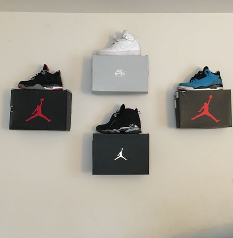 Room decoration/shoe storage for a sneakerhead's room. Jordans Boxes On Wall, Jordan Shoe Boxes On Wall Display, Shoe Storage Ideas With Boxes, Shoe On Wall With Boxes, Shoe Box On Wall Display, Shoe Wall With Boxes, Jordan Boxes On Wall, Shoe Box Wall Decor, Floating Shoe Box