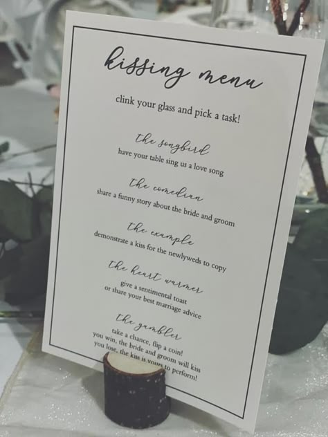 Wedding Kissing Menu Ideas, Reception Kissing Ideas, Wedding Reception Kissing Ideas, Bride And Groom Kiss Ideas Receptions, Kissing Menu Wedding Ideas, Wedding Kissing Games Receptions, Wedding Table Organization, Kissing Games For Wedding, Menu For Wedding Reception